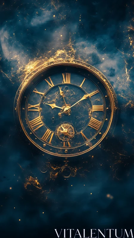 Golden clock face floats against dark cosmic nebula background