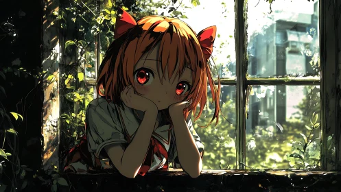 Daydreaming red‑eyed girl at ivy window between worlds.