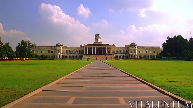 Symmetrical institutional building with central dome and lawn.