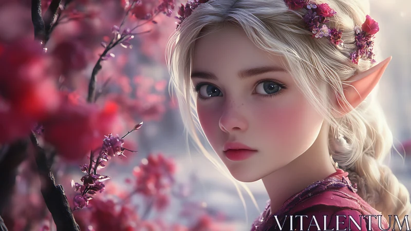 Elven girl in blossom grove rendered with soft-focus realism