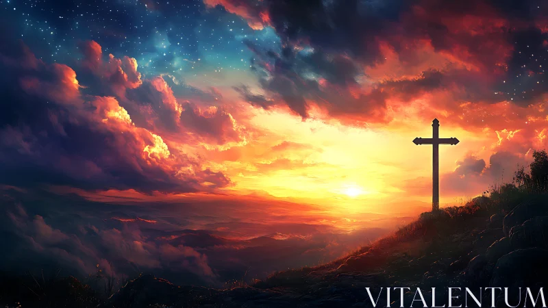 Radiant sunset sky welcomes a quiet hilltop cross silhouette