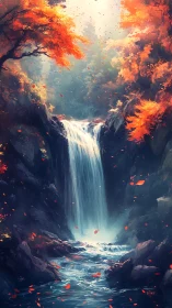 Autumn cascade amid ember forests and misted ravine.