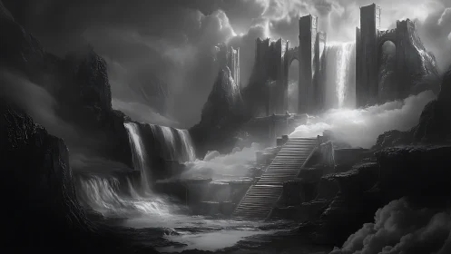Storm-laden obsidian citadel crowned by ghostly waterfalls.
