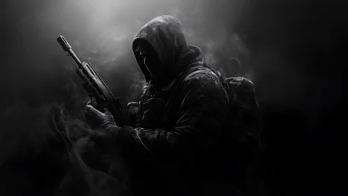 Shadowbound marksman cradles silence in a storm of smoke