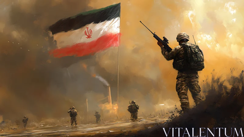 Armed soldiers advance under Iran flag through smoky battlefield