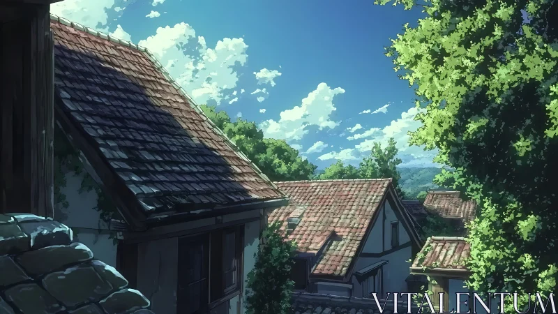 Sunlit village rooftops dreaming under a wide summer sky.
