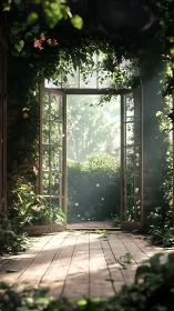 Sunlit garden doorway breathing with drifting flower light.