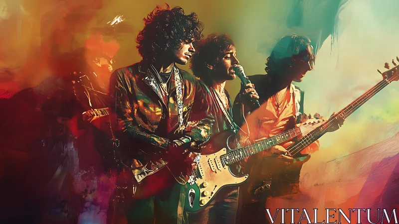 Electric rock band ignites stage in vivid abstract color storm