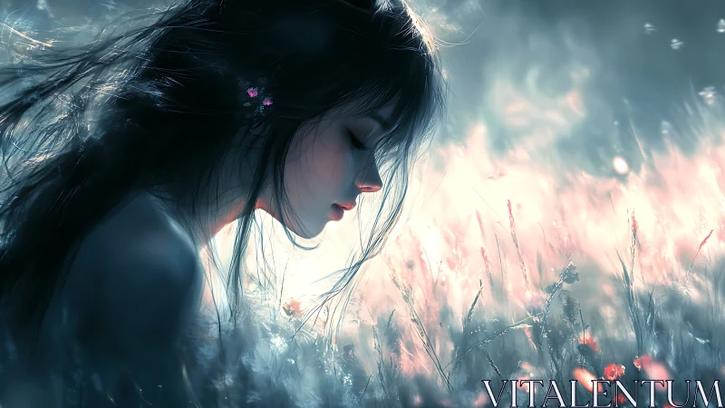 Melancholic side-profile girl in glowing backlit meadow field