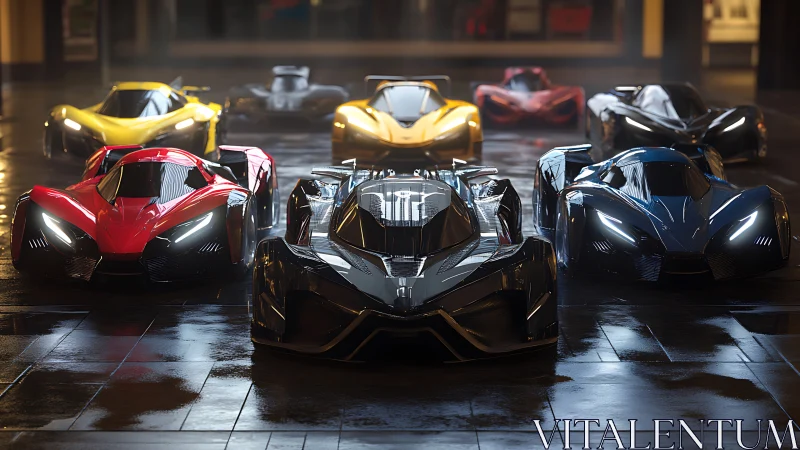 Futuristic hypercar lineup dominates glossy night street.