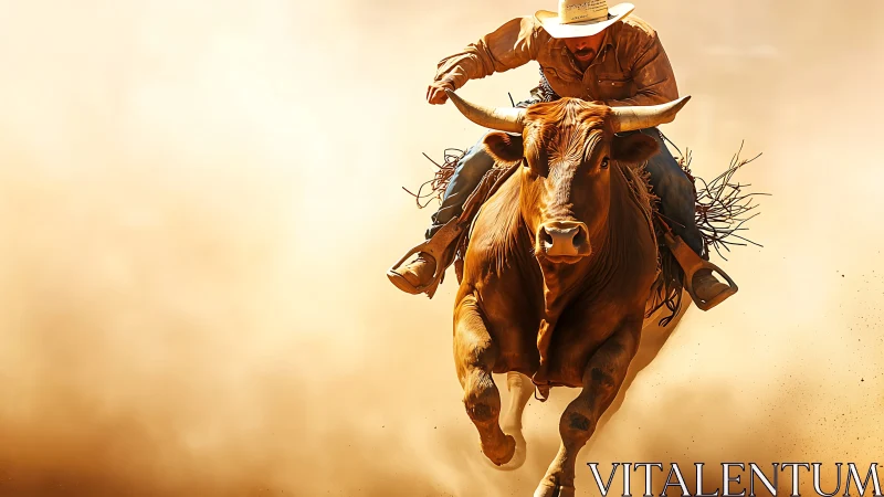 Rodeo cowboy charging forward on powerful bull in dust storm.