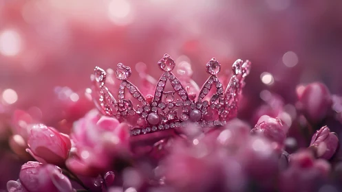 Photorealistic jeweled tiara nested in pink floral bokeh field.