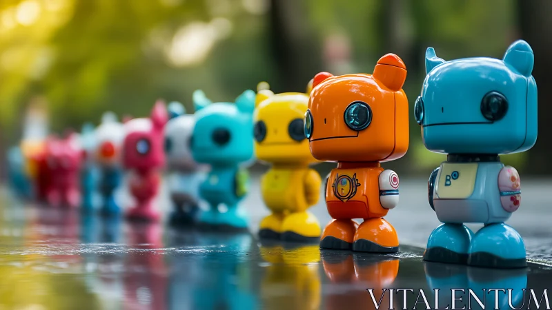 Colorful vinyl toy robots aligned with shallow depth of field.