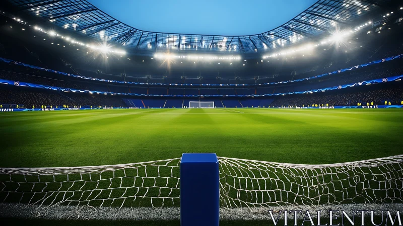 Illuminated football stadium pitch with goal net foreground.