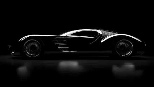 Futuristic black concept car with aerodynamic chrome lines.