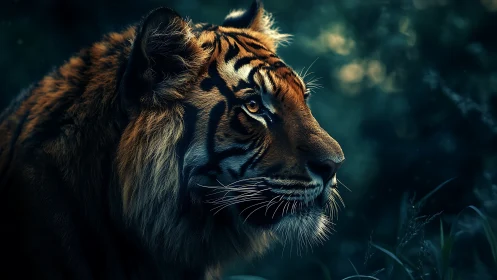 Profile view of a tiger in dense dark green foliage.