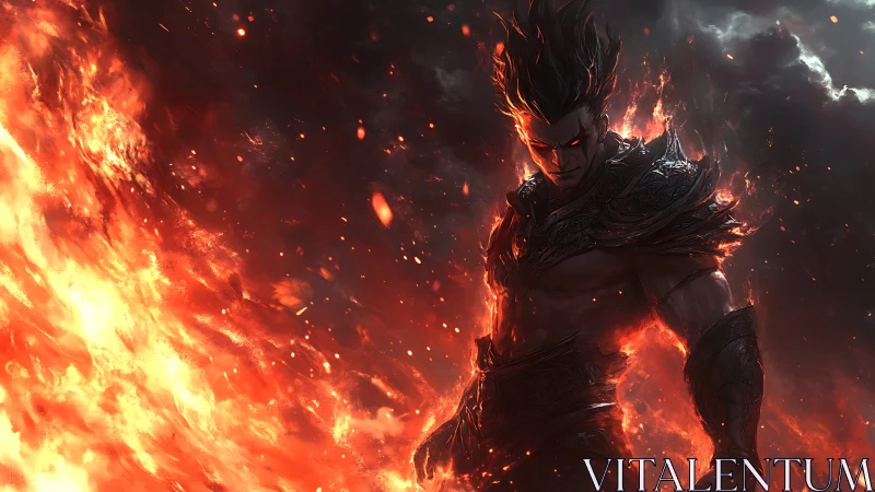 Infernal warlord emerges from molten inferno in armor.