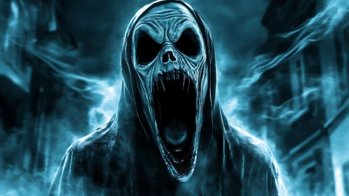 Hooded skeletal entity with open mouth in misty street scene.