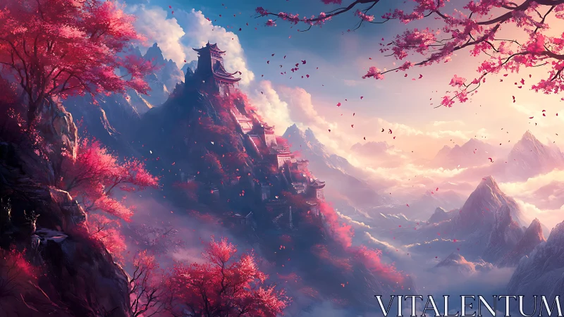 Terraced mountain temples under cherry blossom sunrise haze