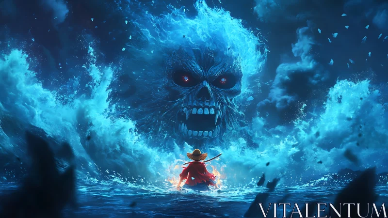 Digital painting of lone warrior facing colossal spectral wave skull.