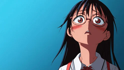 Shocked schoolgirl with glasses stares upward against blue