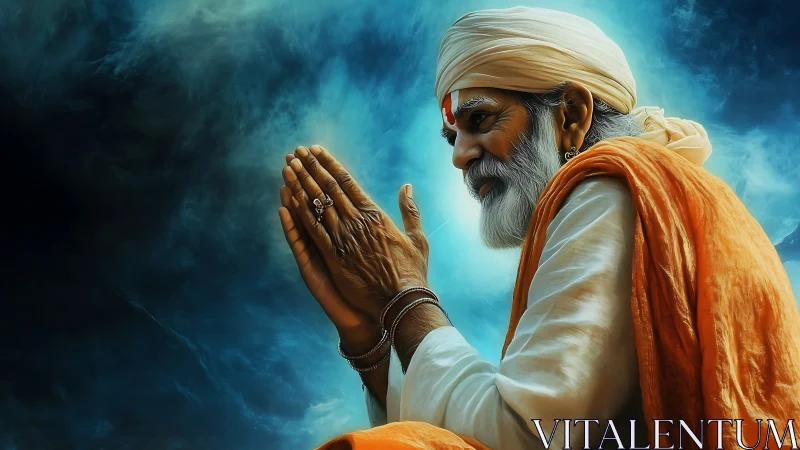 Elder mystic in folded-hands prayer against turbulent sky backdrop.
