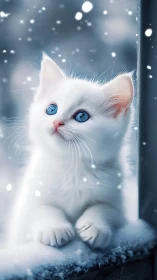 White Cat with Blue Eyes in Falling Snow.
