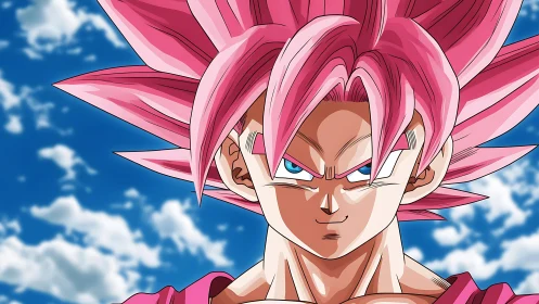 Sky-burned warrior crowned in electric rose power.