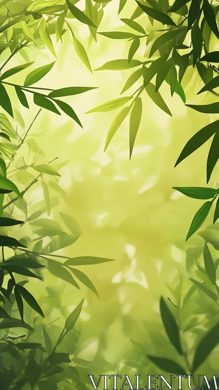 Lush bamboo foliage framing soft luminous green bokeh field.