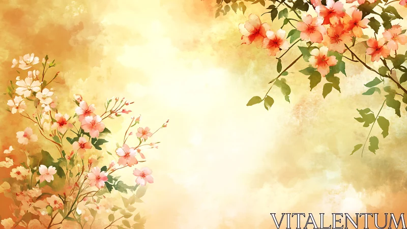 Floral Garden with Pink Blossoms on Golden Background