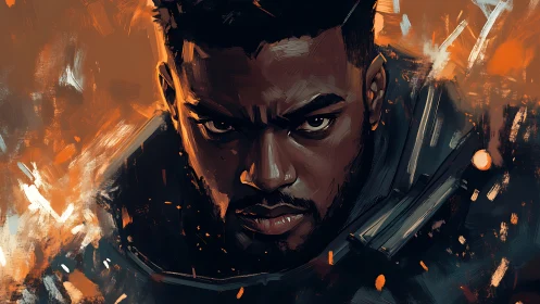 Intense digital portrait of focused man in fiery colors.