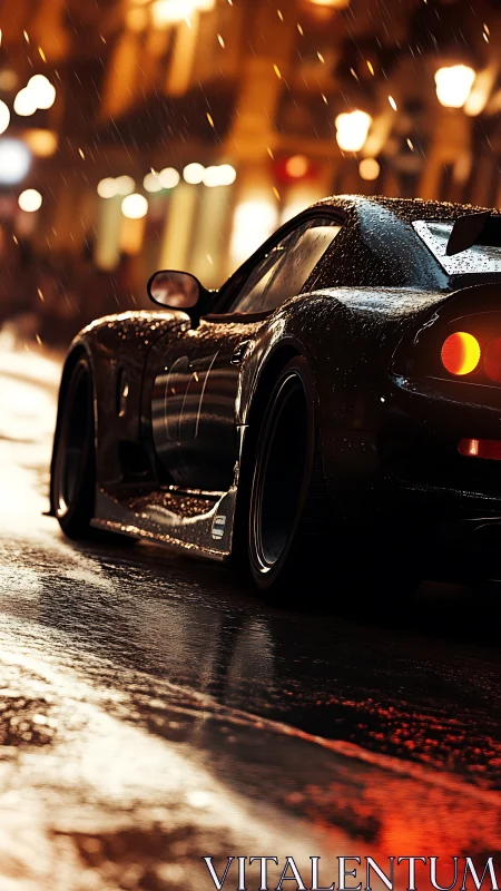 Sleek sports car slices through neon rain-soaked city streets.
