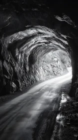 Monochrome rock tunnel with wet asphalt road and exit light