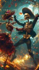 Skeleton couple dancing in fiery autumn forest scene