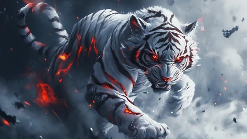 White tiger with glowing fissures advances through dense smoke