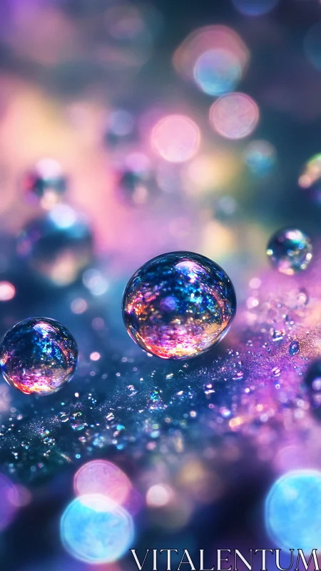 Shimmering droplets glow like tiny galaxies in soft neon mist