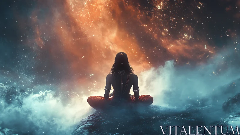 Cosmic meditator rests calmly beneath a glowing starfield sky