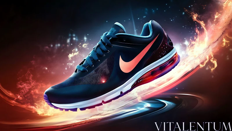 Dynamic running shoe bursts forward in a glowing motion trail