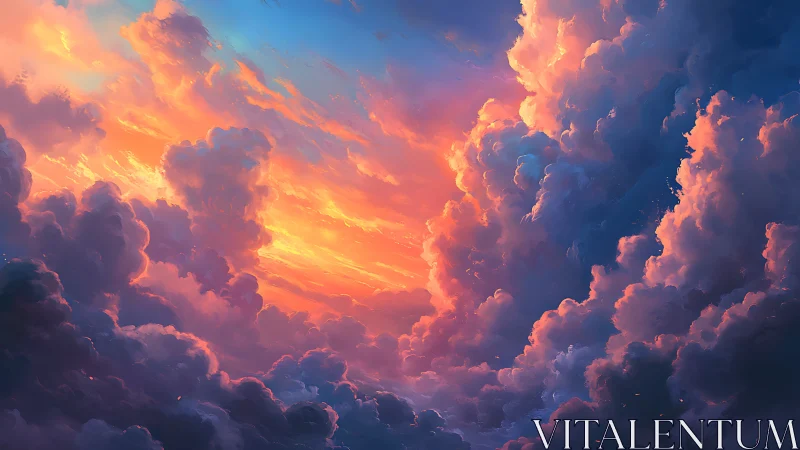Sunset fire ignites towering clouds in radiant skyscape.