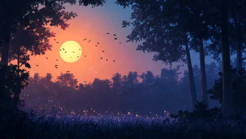 Sunset forest clearing shows silhouetted trees and bright sun