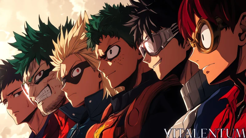 Lineup of determined anime heroes in profile view.