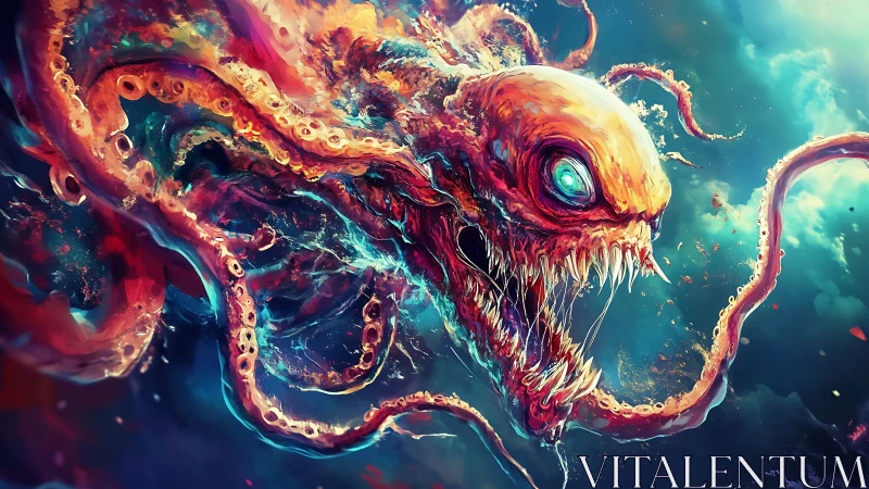 Tentacled abyssal horror hurtles upward in neon storm