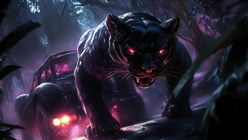 Neon-Eyed Panther Prowls Fog-Shrouded Forest With Glowing Vehicle.
