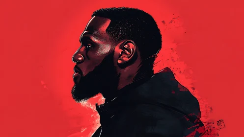 Profile portrait of focused man set against bold red field.