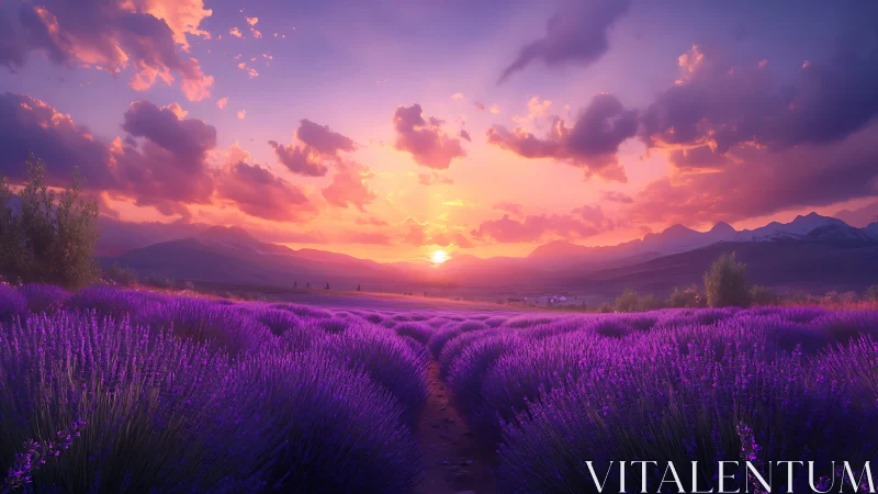Lavender sunset path leading into a calm, glowing horizon.