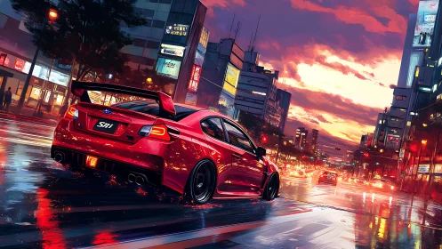 Crimson street racer skims neon rain under blazing dusk sky.