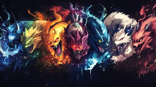 Elemental fox beasts roar in a blazing chromatic spectrum.