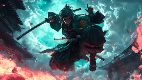Dynamic samurai mid-air strike in dramatic digital painting.