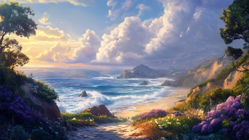 Sunlit coastal path overlooking luminous violet shorelines.