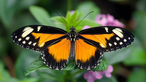 Macro study of orange black butterfly on green foliage.